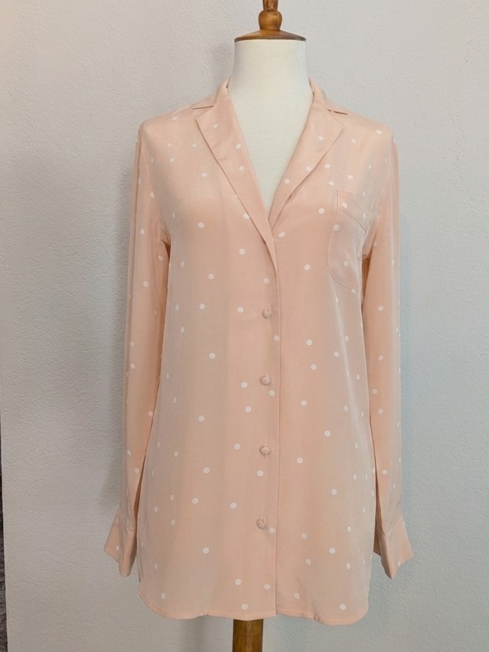 Sezane Silk Florence Peach and White Polka Dot Button-Down Blouse